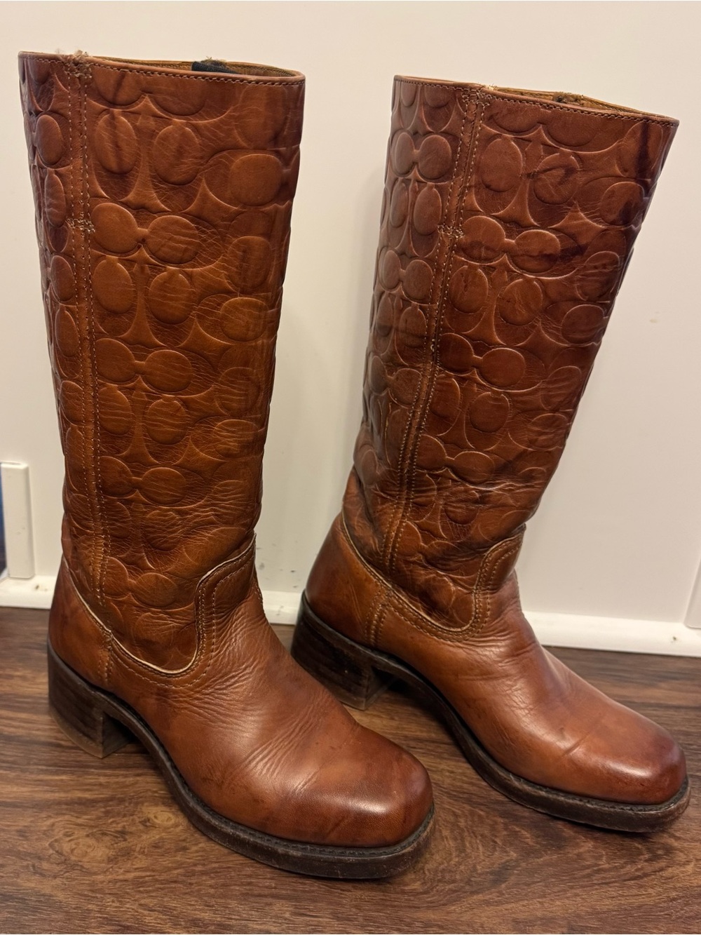 Rare Vintage Frye x Coach Collaboration Embossed Signature Leather Campus Boots